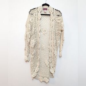 Vintage Handknit Cream Mid Length Crochet Boho Duster Cardigan S Ramie Cotton